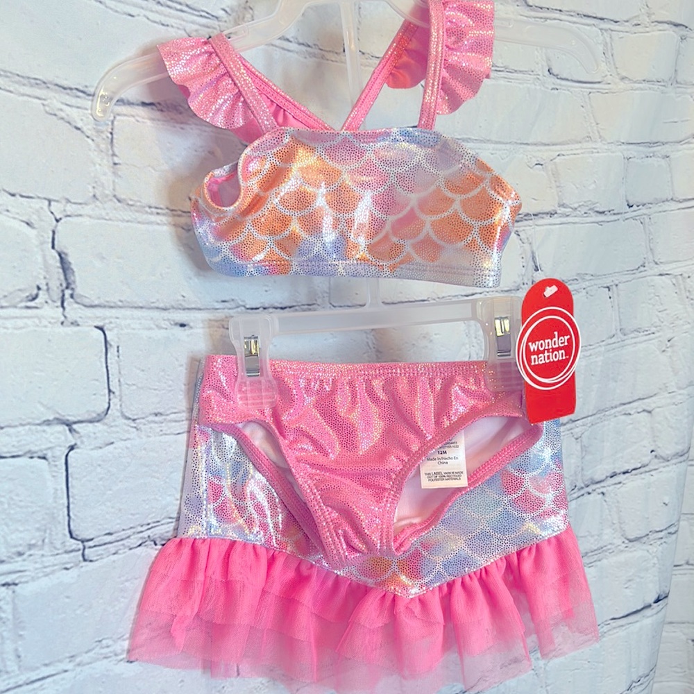 Wonder Nation Pink Orange Blue Mermaid 3-Piece Bikini Skirt Set